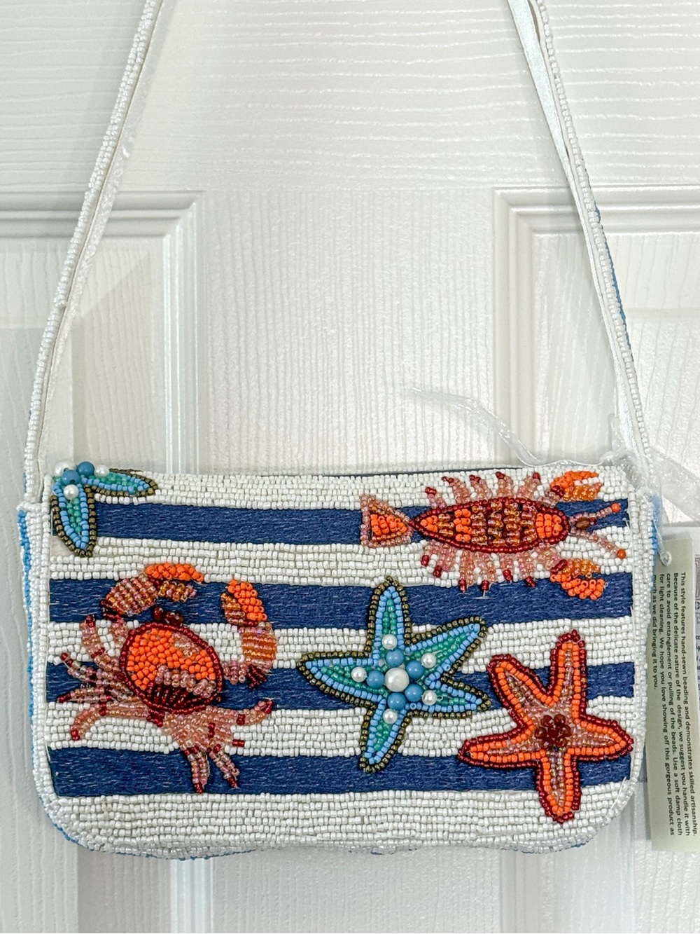 Beaded Nautical Clutch with Blue & White Stripes and Orange Sea Motifs